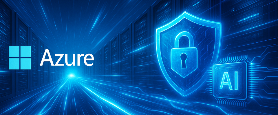 Futuristic Azure data center: blue server aisles, rushing data streaks, Azure logo left, glowing shield with padlock and AI chip right—visualizing speed, security and AI innovation